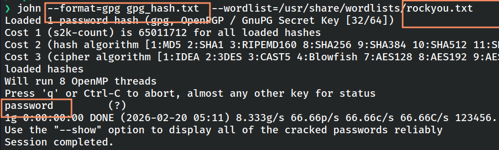 Running John the Ripper to crack the GPG hash
